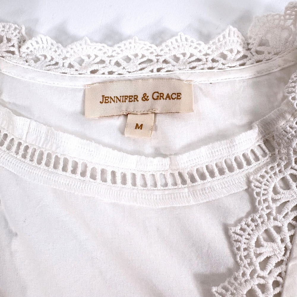Jennifer & Grace Cardigan White Blue Floral Embroidered Tie Front Lace Women M - Picture 3 of 7
